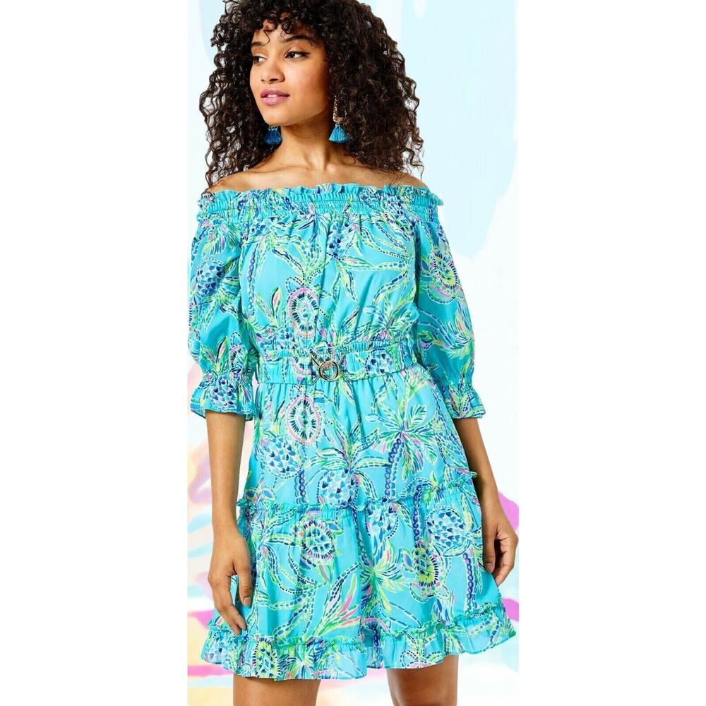 Lilly Pulitzer Louisa Dress Bermuda Blue Belted Off Shoulder Sz XS Women's